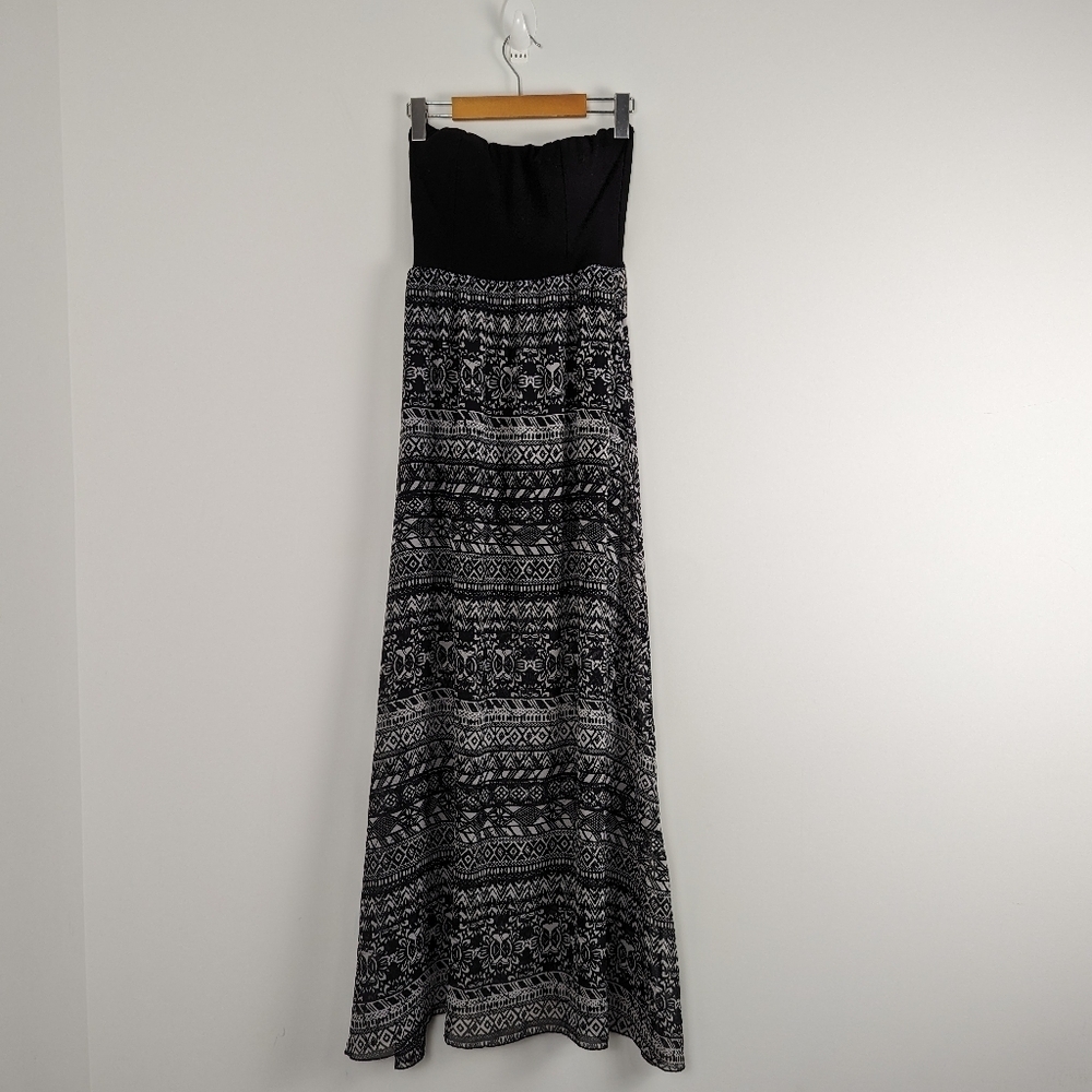 Women's Tribal Print Black and White Strapless Maxi Dress S/P